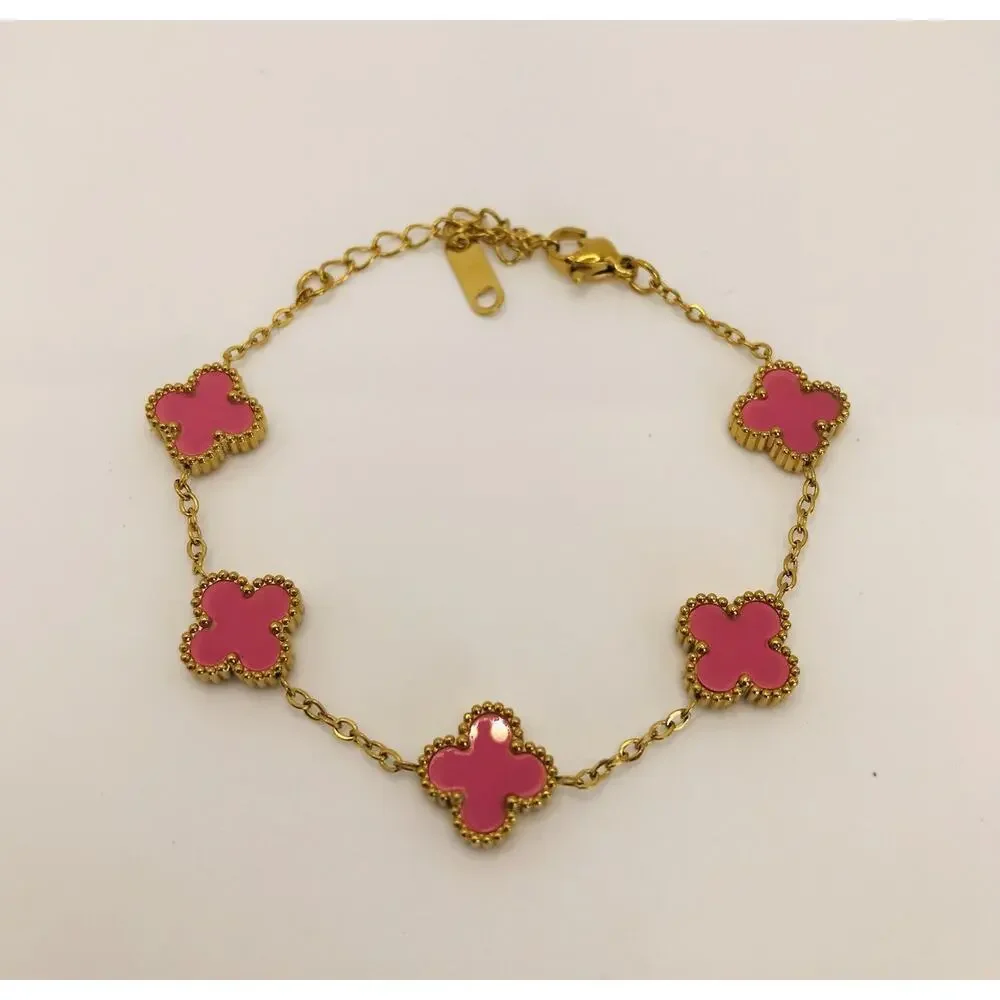 Stainless Steel Clover Bracelet for Women Lucky Pink Four leaf Bracelet sz 8